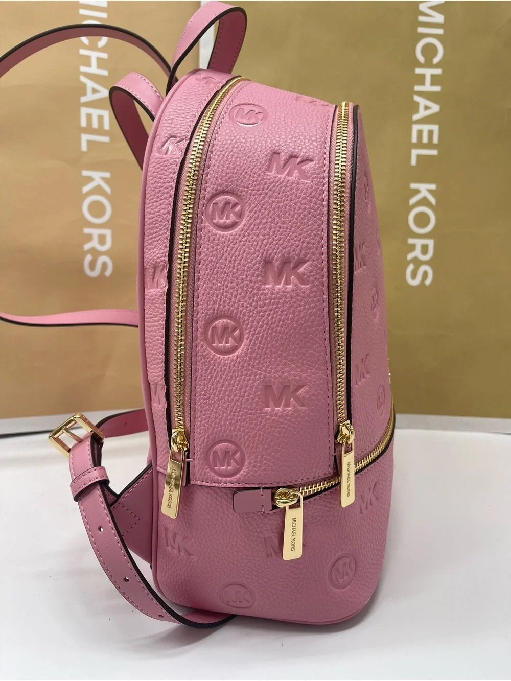 Michael Kors Rhea Medium Zip MK Logo Debossed Backpack Carnation NWT